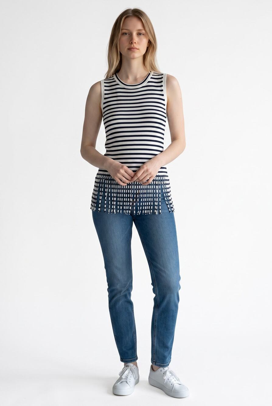 Francesca's Blue White Striped Tank Top Size XS Fringe Hem Boho Chic Style Cute